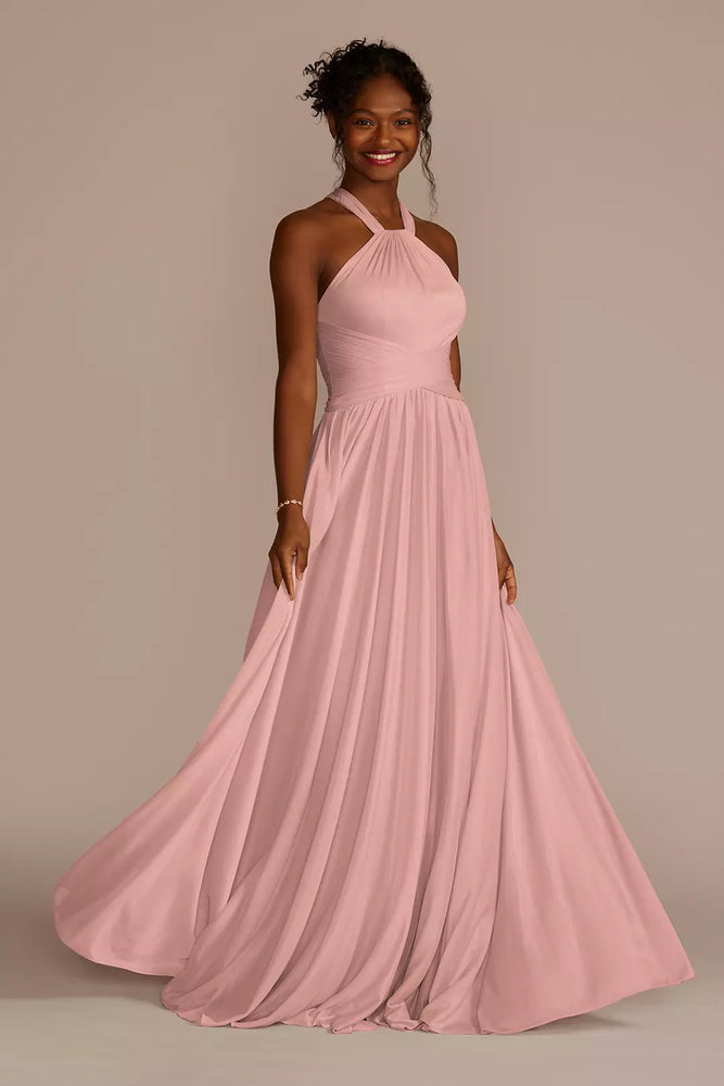 High-Neck Mesh Bridesmaid Dress with Full Skirt - Pink