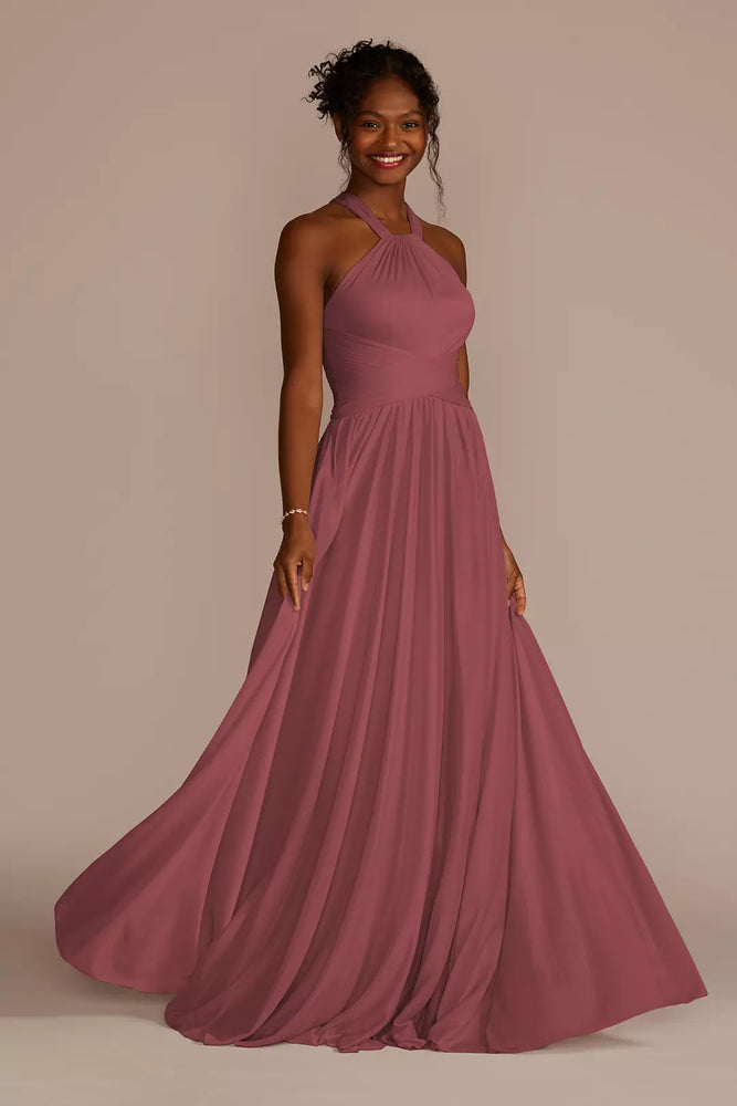 High-Neck Mesh Bridesmaid Dress with Full Skirt - Pink