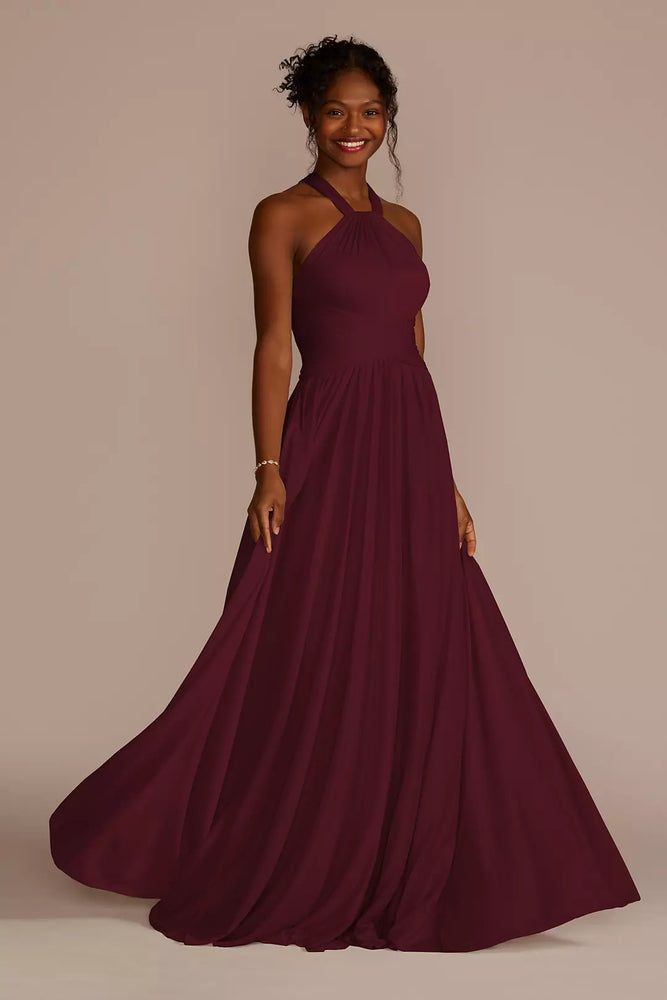 High-Neck Mesh Bridesmaid Dress with Full Skirt - Red