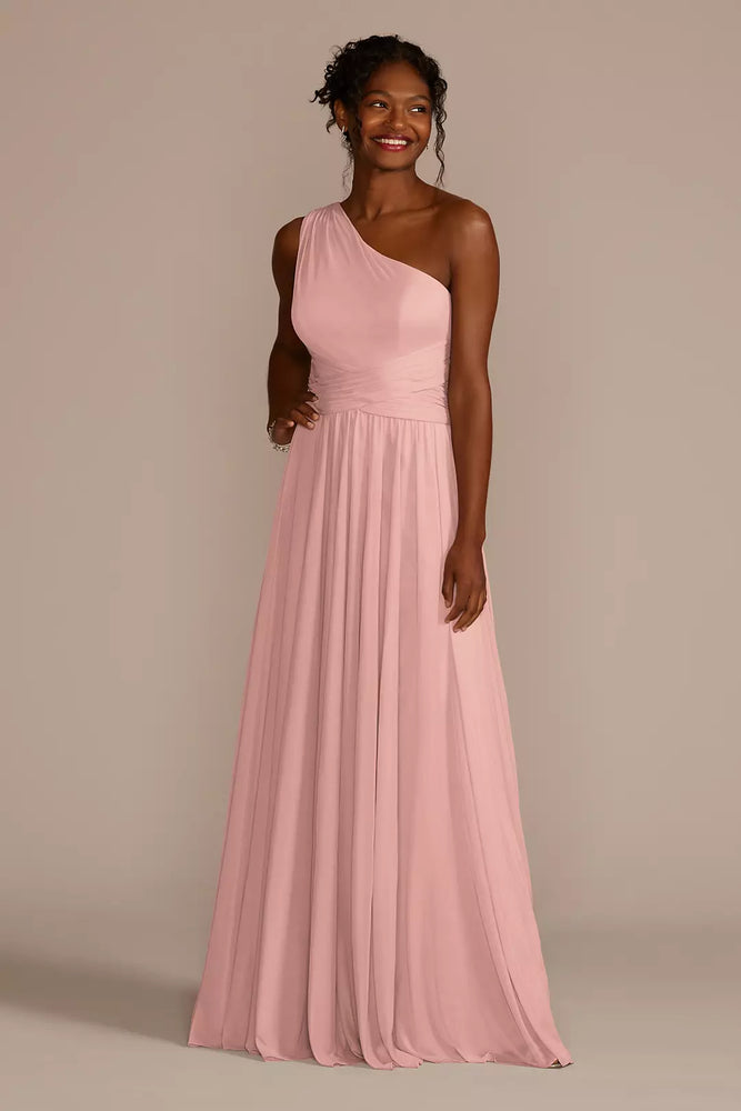 Mesh One-Shoulder Dress with Full Skirt - Pink