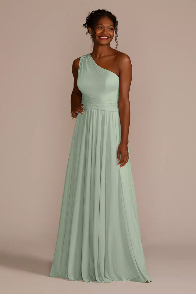 Mesh One-Shoulder Dress with Full Skirt - Green