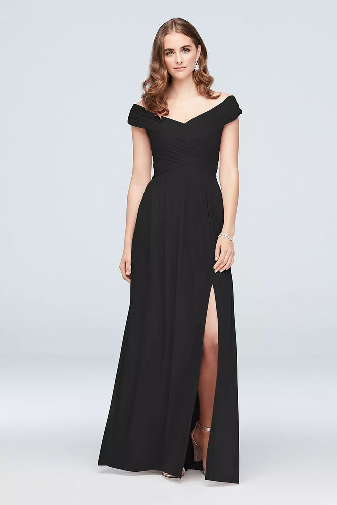 Crisscross Off-the-Shoulder Mesh Bridesmaid Dress - Black