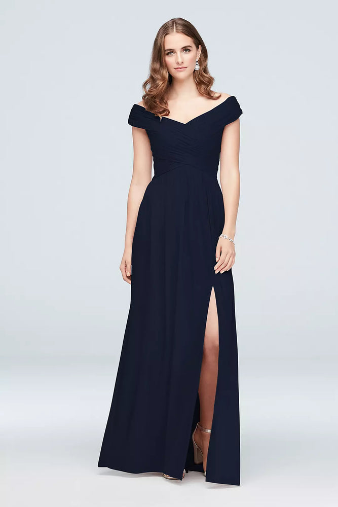 Crisscross Off-the-Shoulder Mesh Bridesmaid Dress - Blue