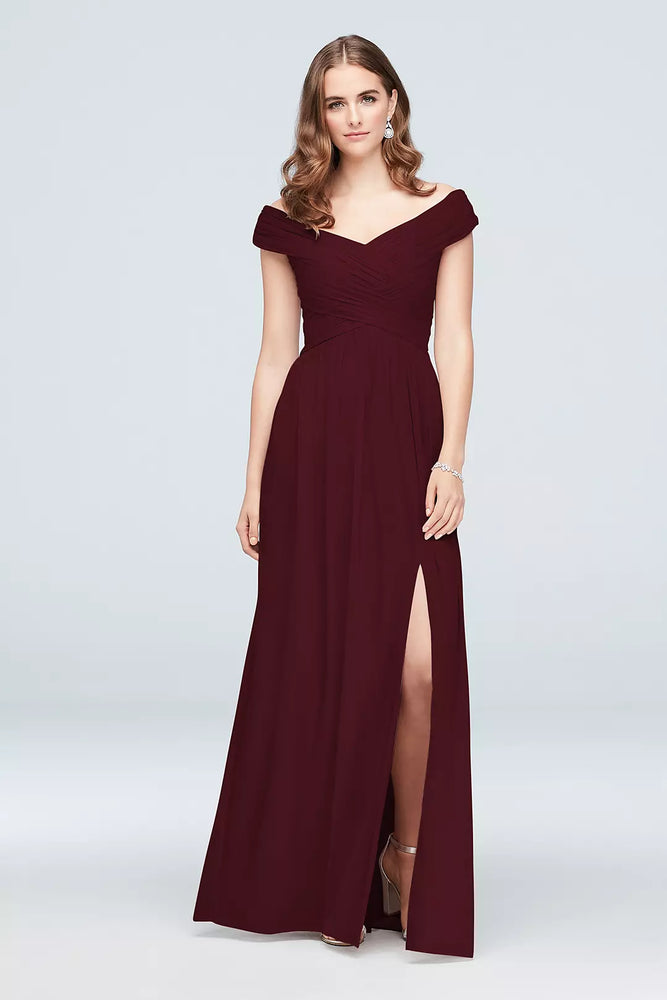 Crisscross Off-the-Shoulder Mesh Bridesmaid Dress - Red