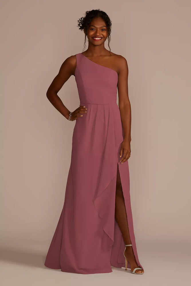 Chiffon One-Shoulder Dress with Cascade - Pink