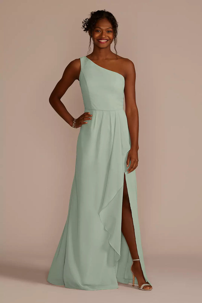 Chiffon One-Shoulder Dress with Cascade - Green