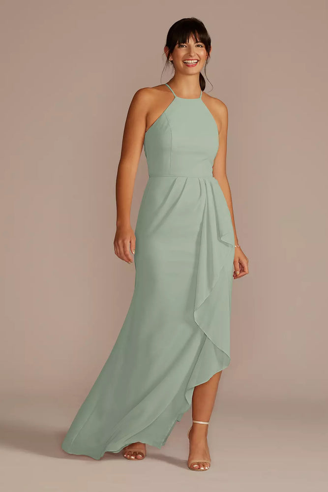 High-Neck Chiffon Bridesmaid Dress with Cascade - Green