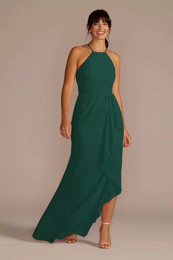 High-Neck Chiffon Bridesmaid Dress with Cascade - Green