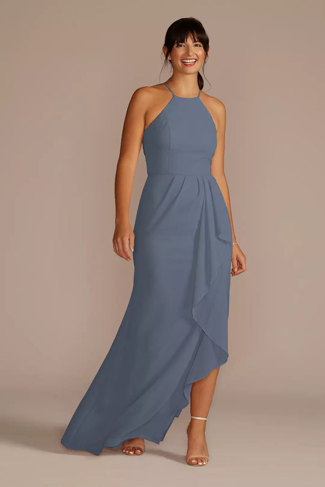 High-Neck Chiffon Bridesmaid Dress with Cascade - Blue