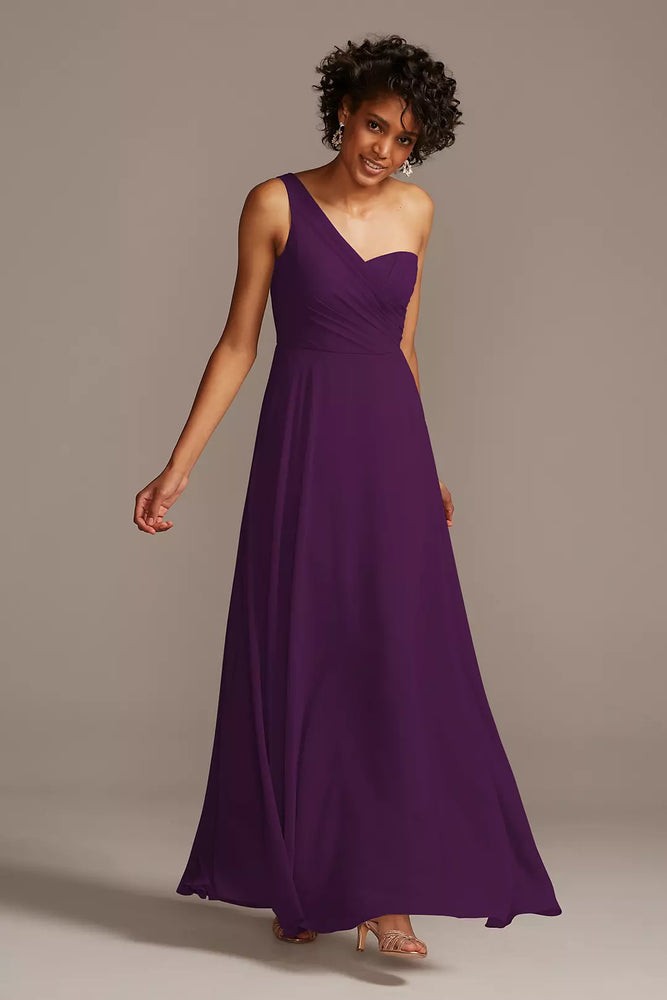 Full Skirt Dress with One Shoulder - Purple