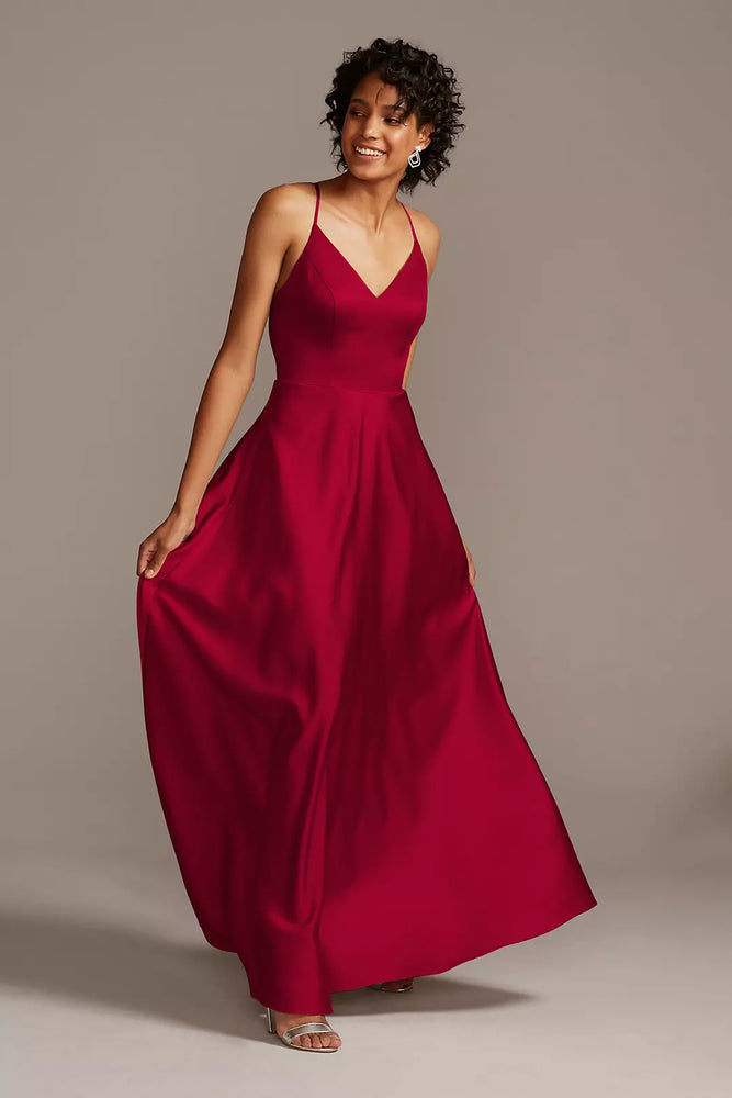 Spaghetti Strap Satin A-Line Long Dress - Red