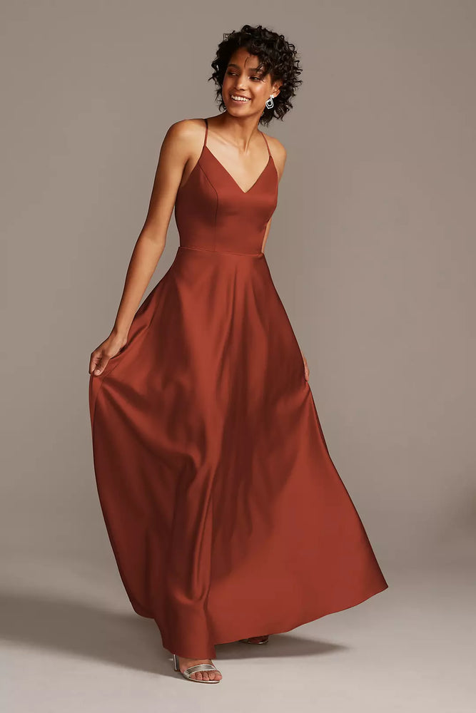 Spaghetti Strap Satin A-Line Long Dress - Orange