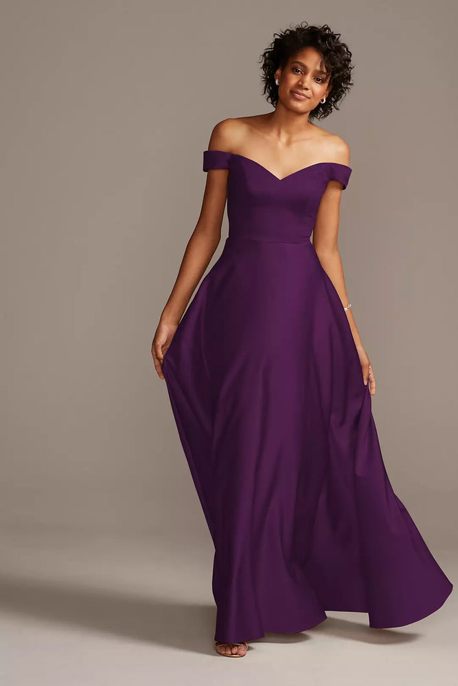 Off-Shoulder Satin A-Line Dress - Purple