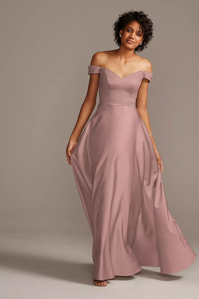 Off-Shoulder Satin A-Line Dress - Pink