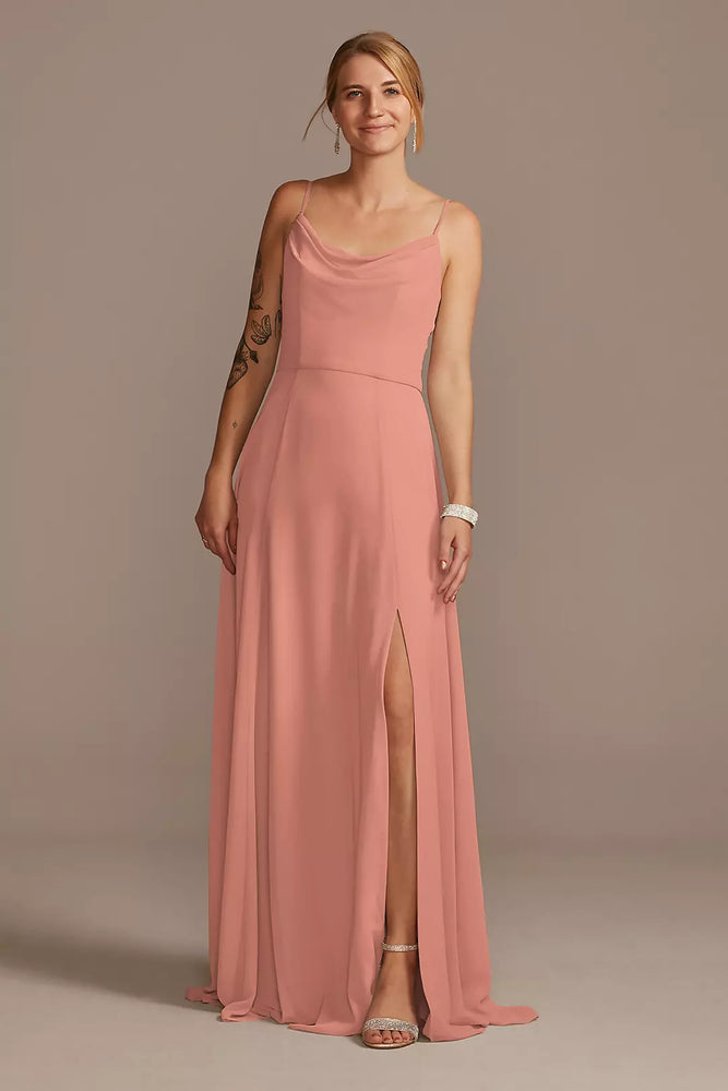 Cowl Neck Chiffon Dress with Slit - Orange