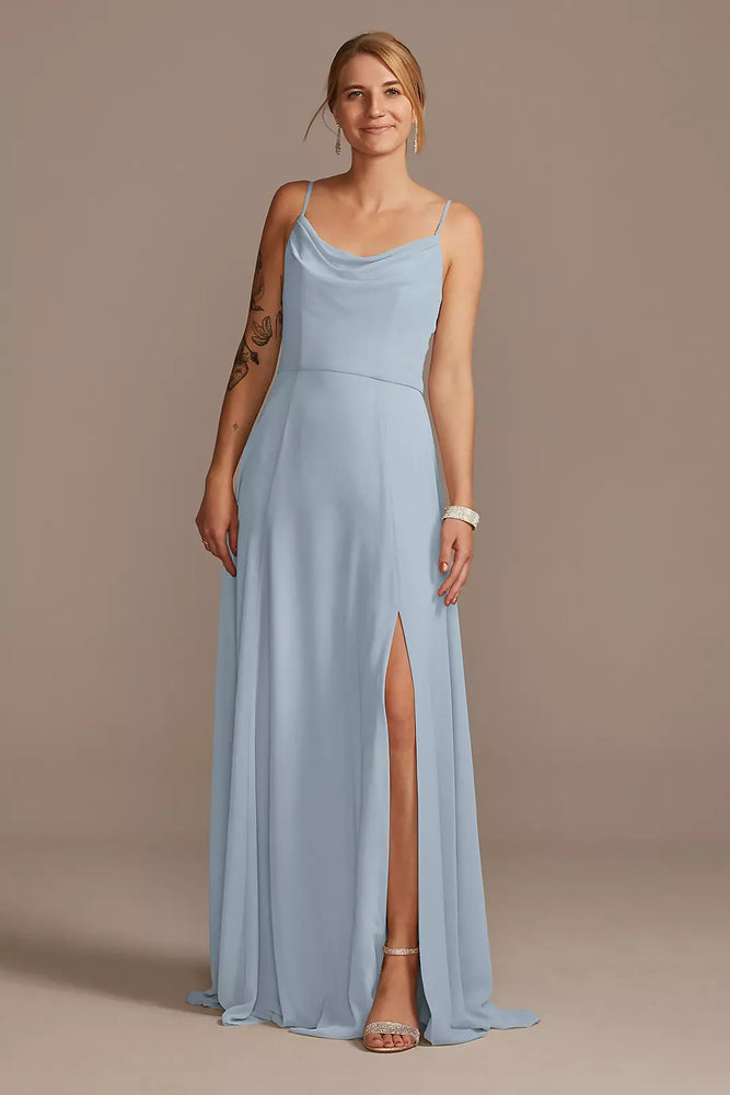 Cowl Neck Chiffon Dress with Slit - Blue