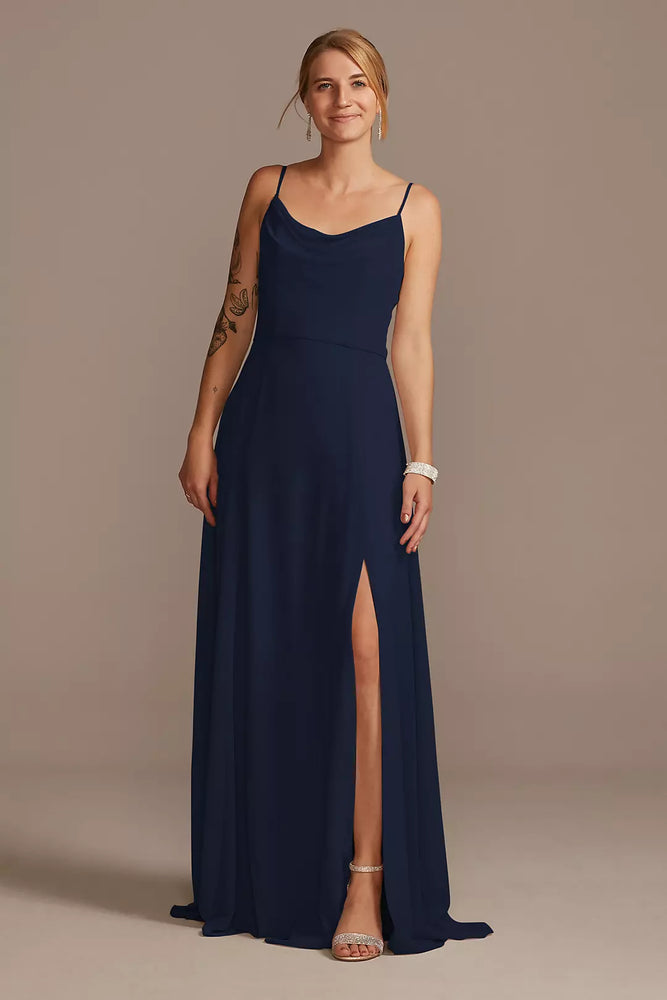 Cowl Neck Chiffon Dress with Slit - Blue