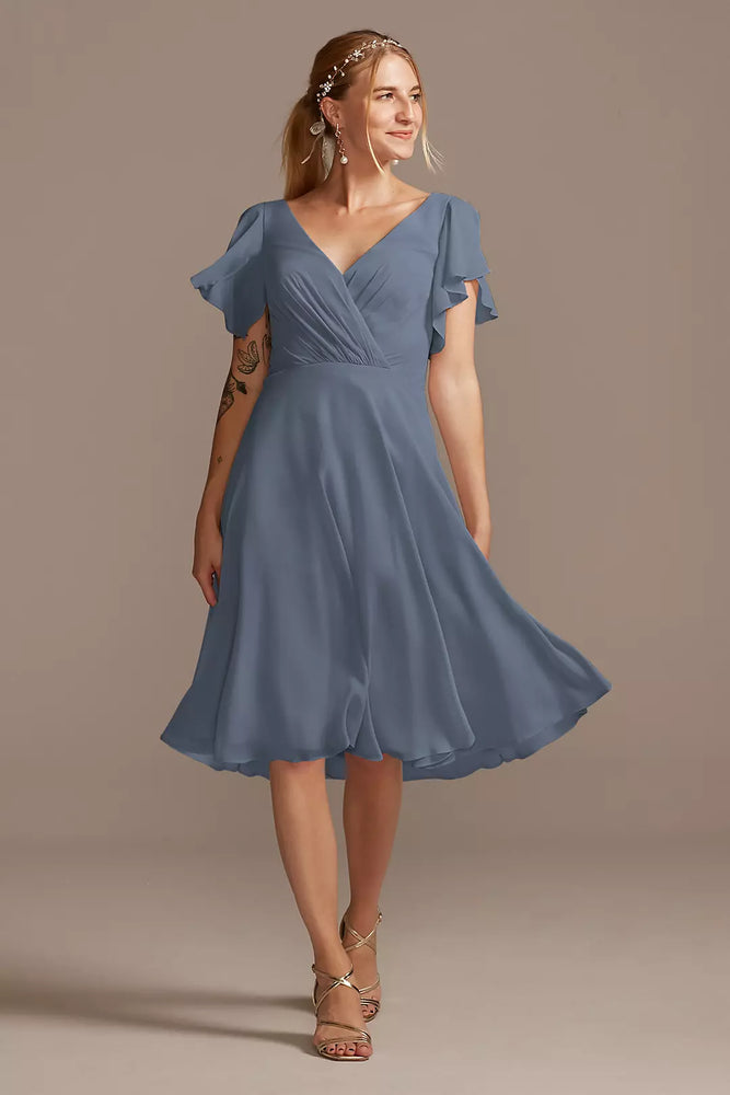 Flutter Sleeve Chiffon Short Dress - Blue