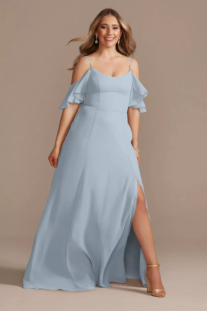 Cold-Shoulder Long Chiffon Dress - Blue