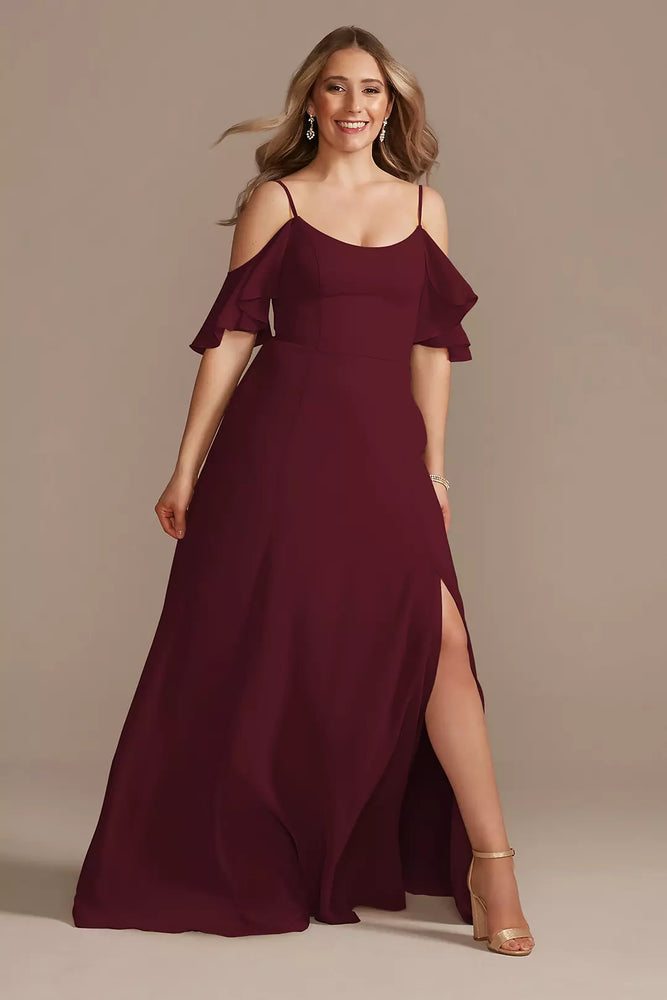 Cold-Shoulder Long Chiffon Dress - Red