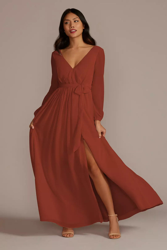 Long Sleeve Chiffon Dress with Slit - Orange