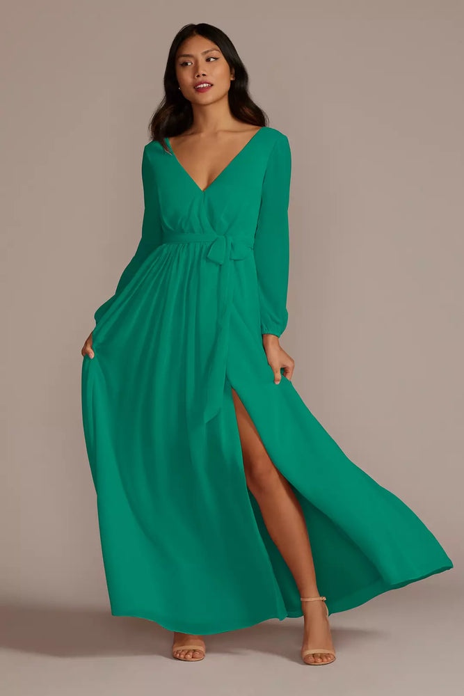 Long Sleeve Chiffon Dress with Slit - Green