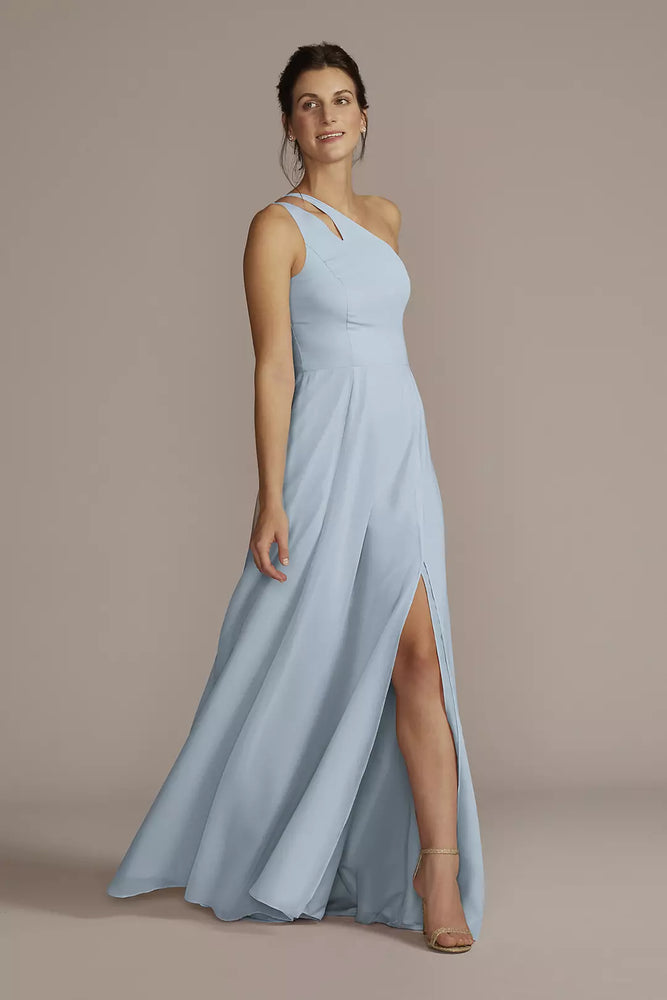 Chiffon One-Shoulder Cutout Dress - Blue