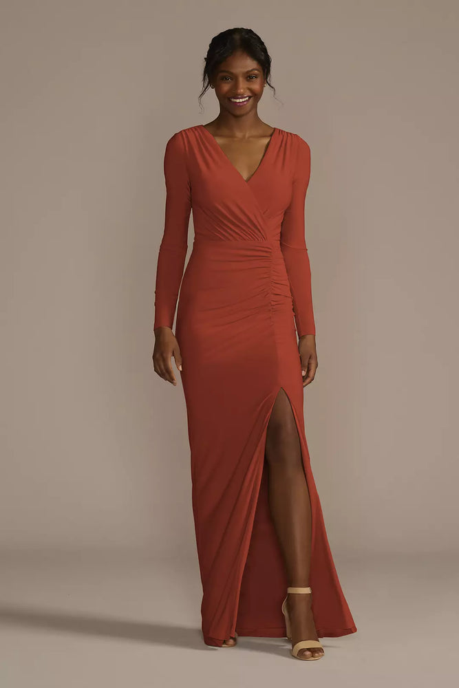 Long Sleeve Ruched Jersey Sheath Dress - Orange