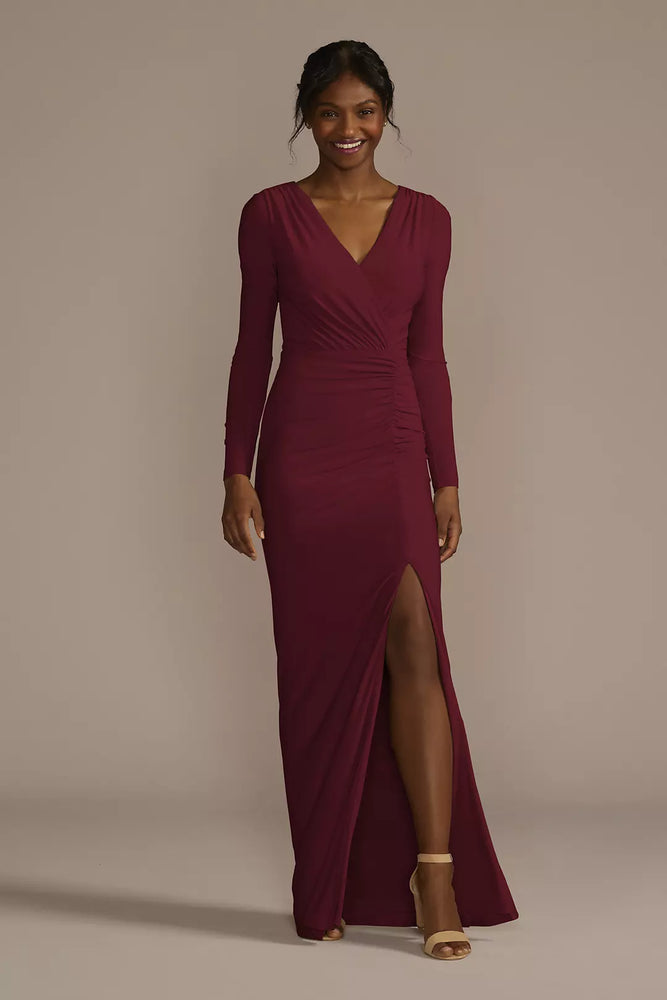 Long Sleeve Ruched Jersey Sheath Dress - Red