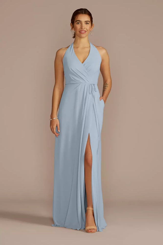 Chiffon Halter Faux Wrap A-Line Dress - Blue