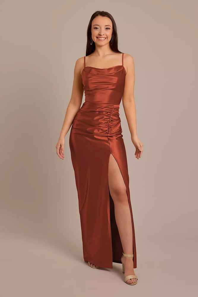 Sculpting Satin Cowl Neck Ruched Dress - Orange