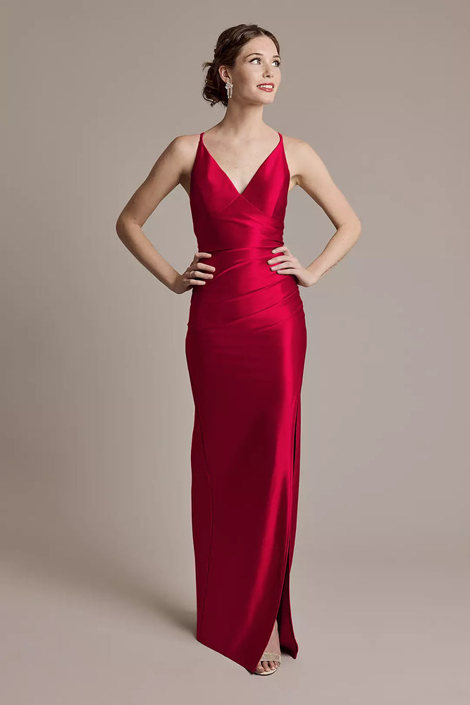 Sculpting Satin V-Neck Cross-Back Dress - Red