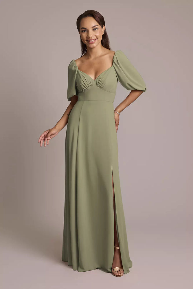 Chiffon Short Sleeve A-Line Dress - Green