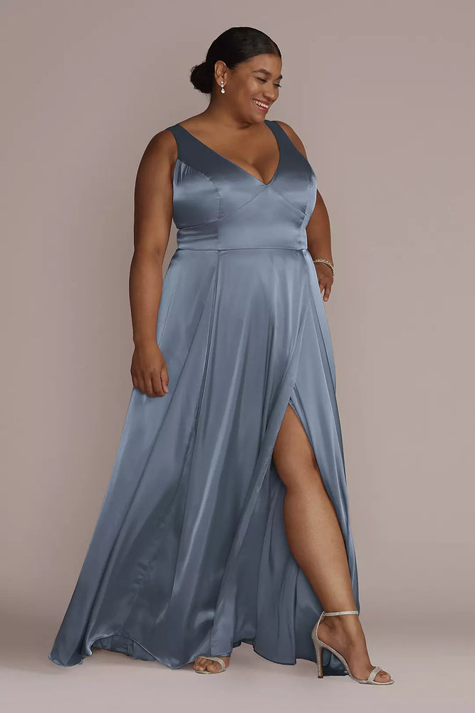 Charmeuse Tank V-Neck Dress with Slit - Blue