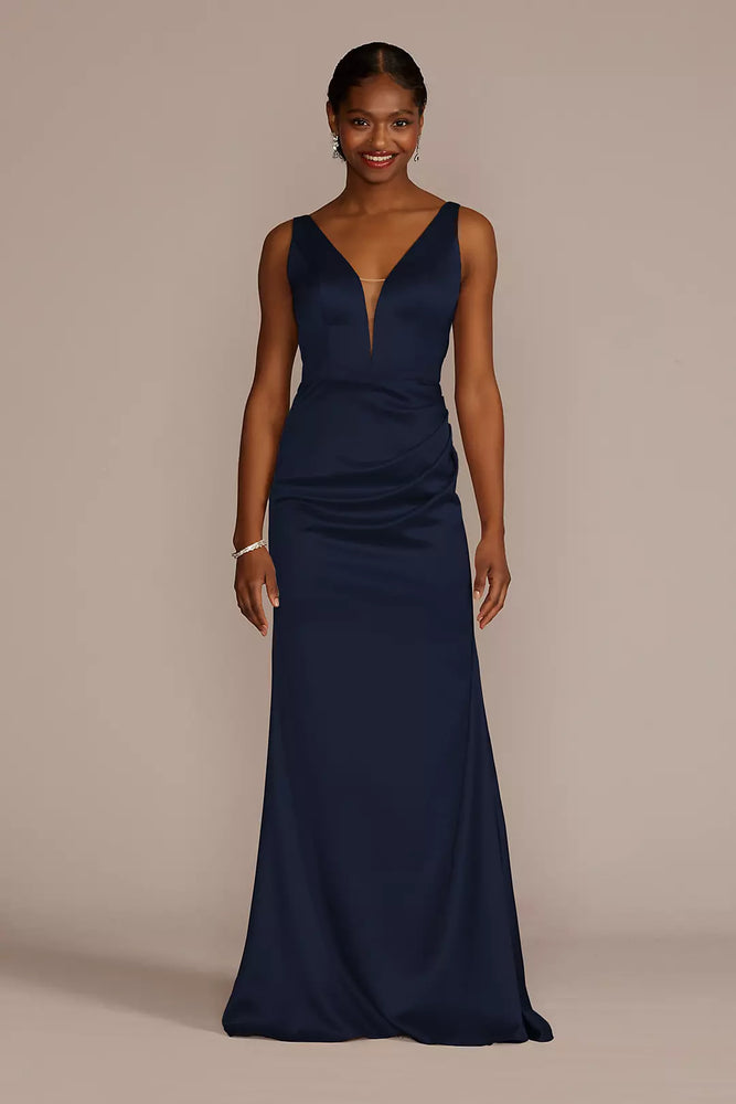 Stretch Satin Cowl Back Dress - Blue