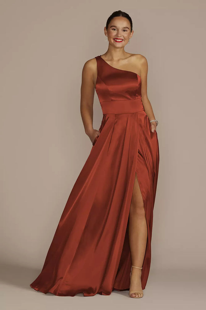 One-Shoulder Draped Charmeuse Dress - Orange