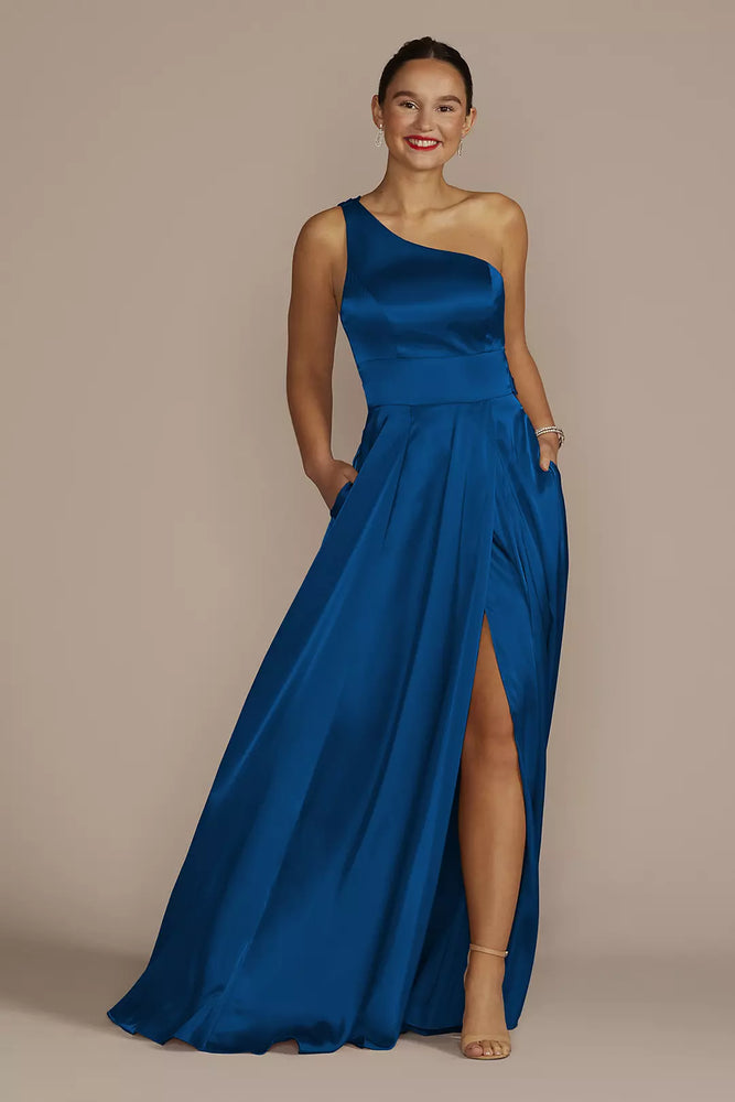 One-Shoulder Draped Charmeuse Dress - Blue