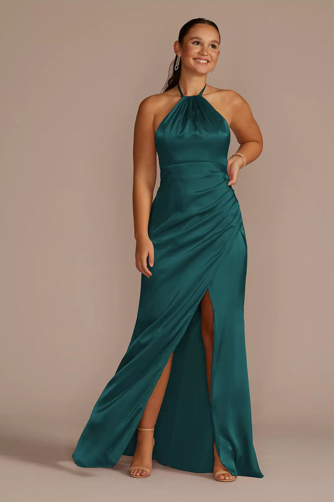 Tie-Neck Charmeuse Halter Dress - Green