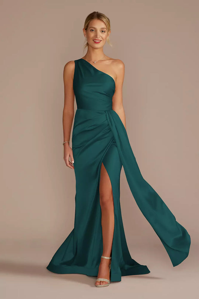 One-Shoulder Stretch Satin Dress - Green