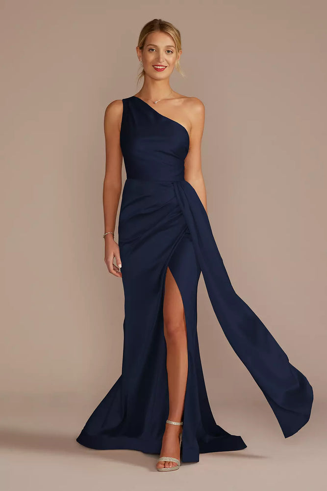 One-Shoulder Stretch Satin Dress - Blue