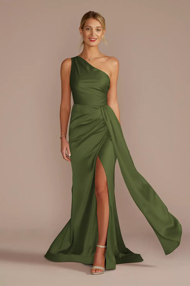 One-Shoulder Stretch Satin Dress - Green