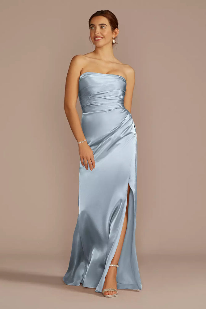 Strapless Charmeuse Dress with Ruching - Blue