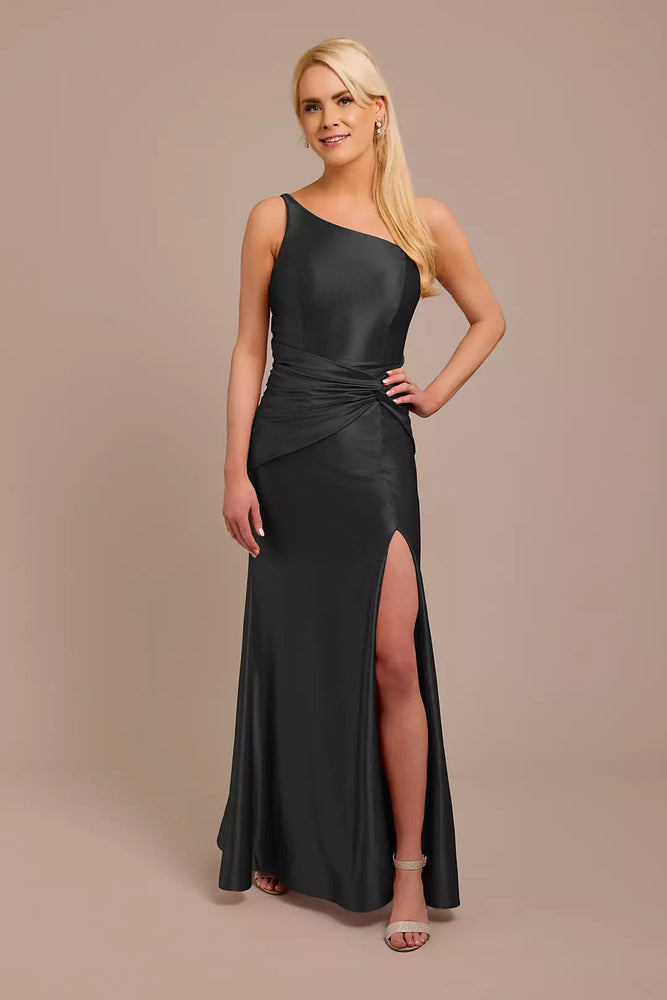 Sculpting Satin One-Shoulder Knot Dress - Black