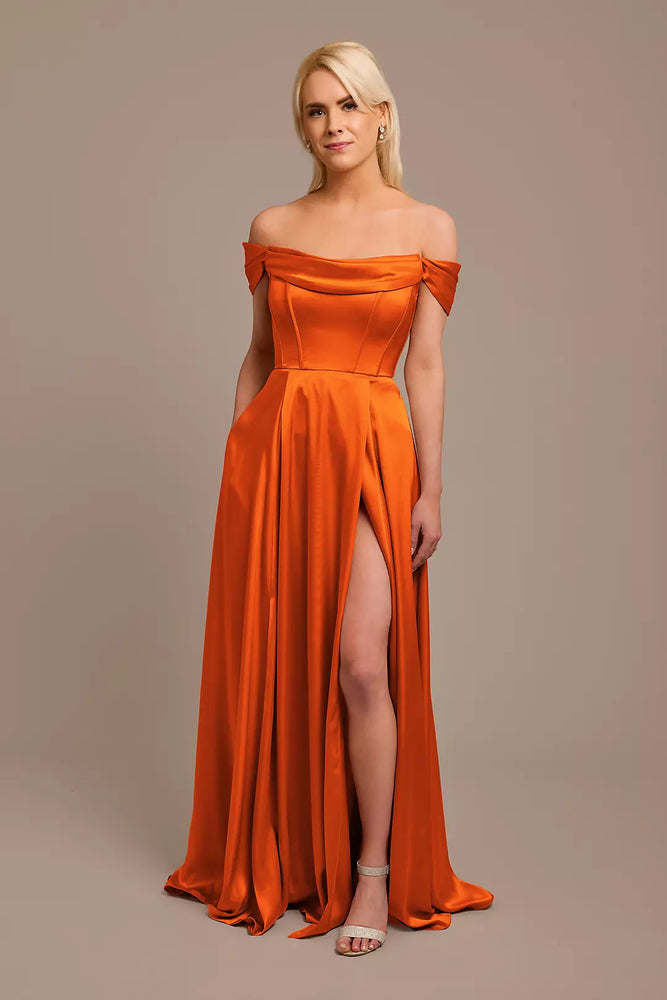 Charmeuse Cowl Off-the-Shoulder Dress - Orange