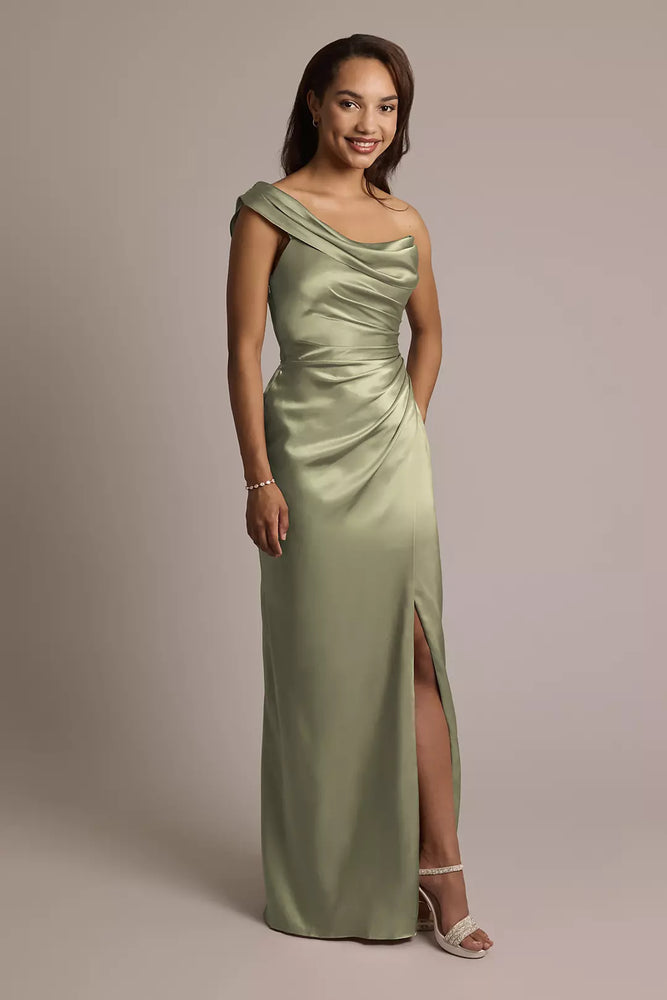 One-Shoulder Charmeuse Sheath Dress - Green