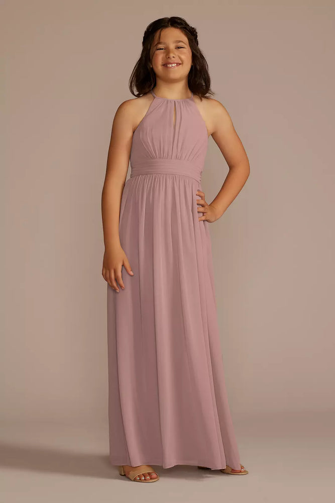 Chiffon High-Neck Pleated Girls Dress - Pink