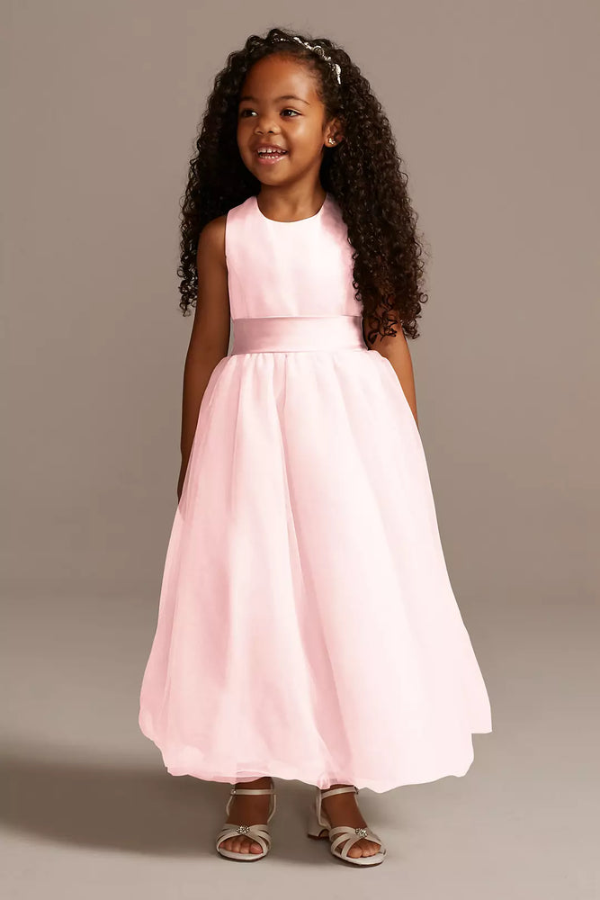 Satin Flower Girl Dress with Tulle Skirt - Pink