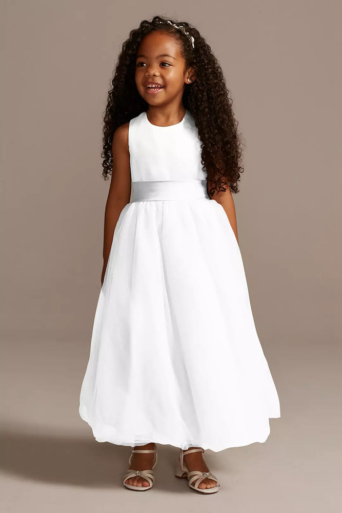 Satin Flower Girl Dress with Tulle Skirt - White