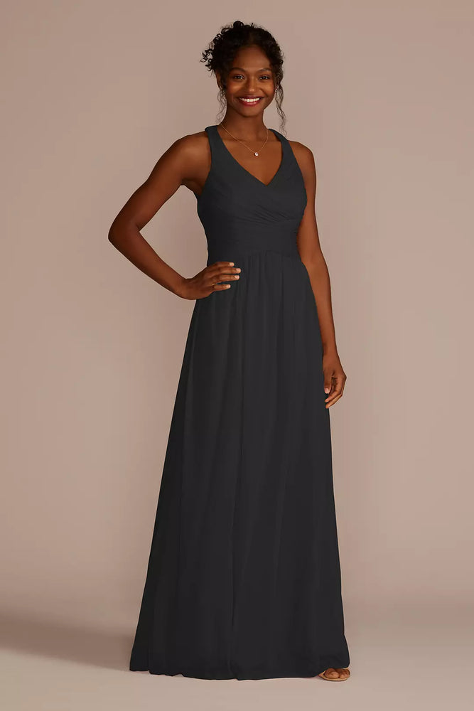 Mesh Long Bridesmaid Dress with Crisscross Back - Black