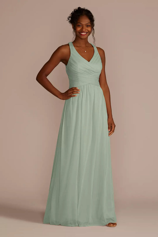 Mesh Long Bridesmaid Dress with Crisscross Back - Green